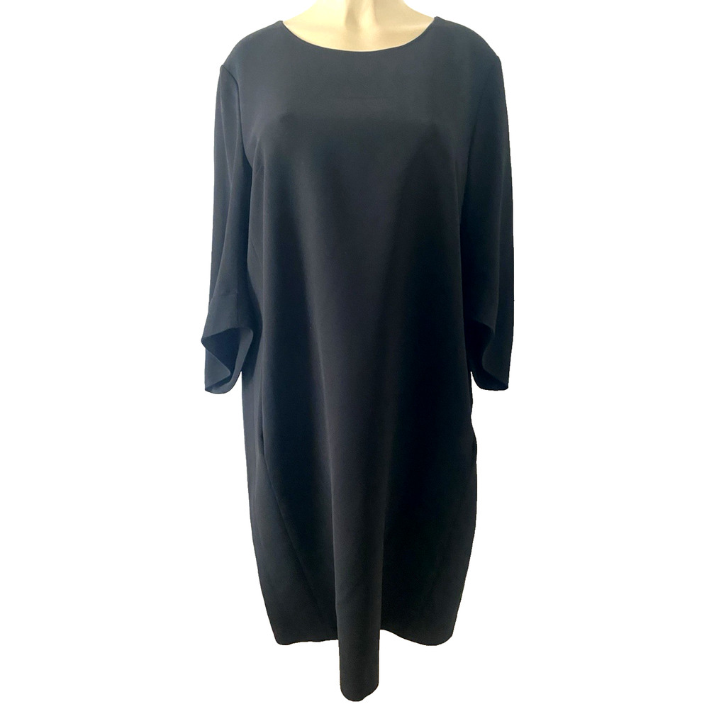 Lafayette 148 Dress Black Round Neck 3/4 Sleeve Shift Knee Pockets Back Zip 16 - Picture 2 of 9